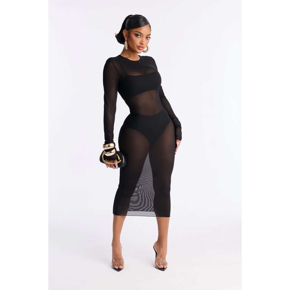 Fashion Nova Black Sheer Long Sleeve Maxi Dress
